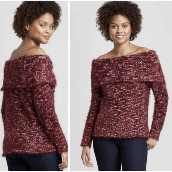 Knox Rose NEW Off Shoulder Eyelash Pullover Sweater Brandy Wine Women's Sz Large - Picture 1 of 12